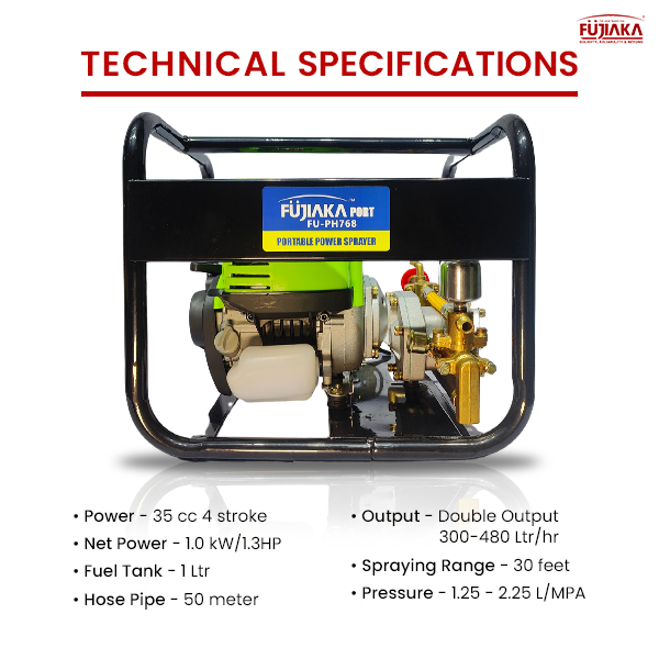FUJIAKA Port FU-PH-768-4G, Portable Agricultural High-Pressure Portable Power Sprayer Pump with 4-Stroke Petrol Engine and 50 metre High Pressure Hose Pipe, Black (Pack of 1)