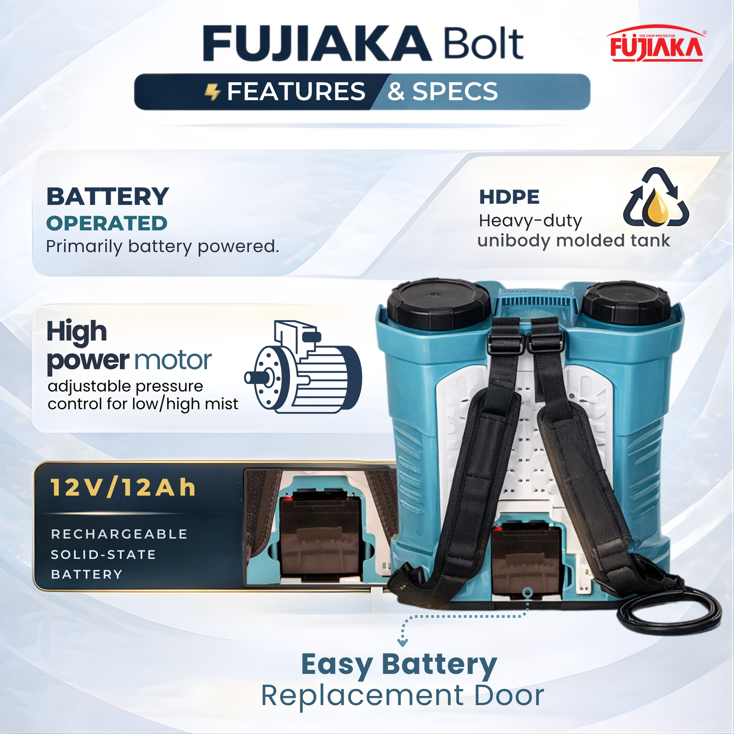 FUJIAKA BOLT, Battery Operated Agricultural Knapsack Sprayer -16 Litres