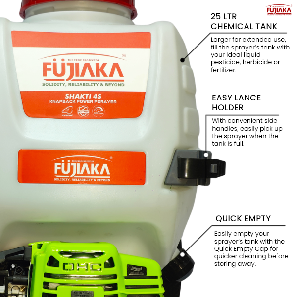 FUJIAKA SHAKTI 4S Knapsack Power Sprayer GX35 35CC 4 Stroke 25 Ltr tank | High Pressure Agricultural Back Pack Sprayer with JAPAN technology pump, Free 3 Head Nozzels, Hose Pipe, Sprayer Gun