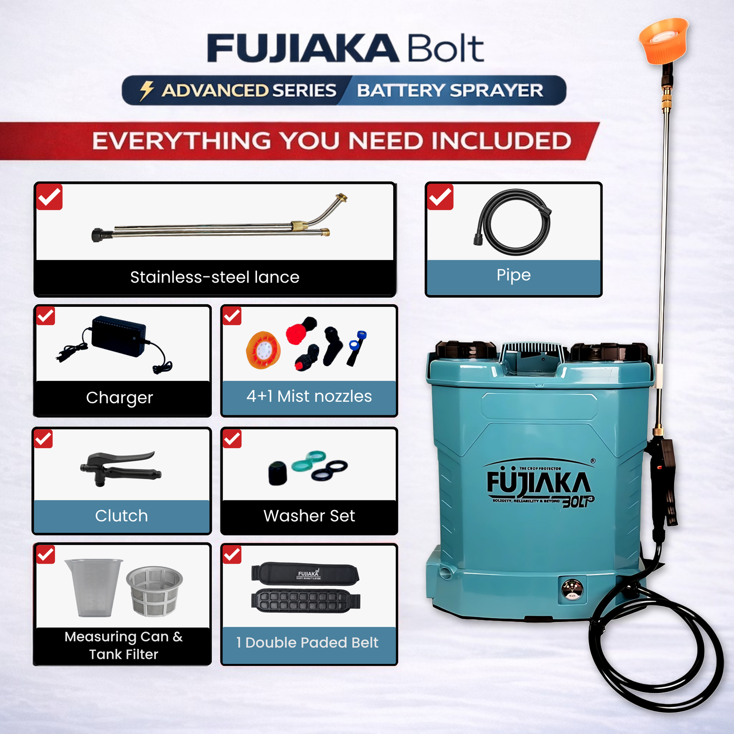 FUJIAKA BOLT, Battery Operated Agricultural Knapsack Sprayer -16 Litres