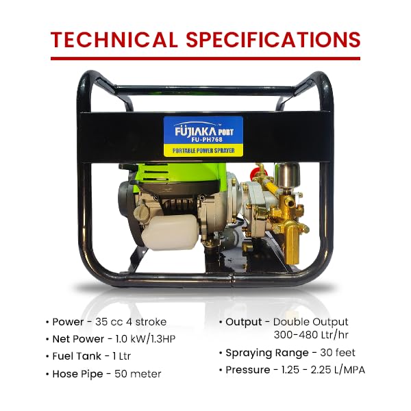 FUJIAKA Port FU-PH-768-4G, Portable Agricultural High-Pressure Portable Power Sprayer Pump with 4-Stroke Petrol Engine and 50 metre High Pressure Hose Pipe, Black (Pack of 1)