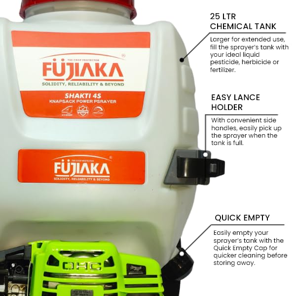 FUJIAKA SHAKTI 4S Knapsack Power Sprayer GX35 35CC 4 Stroke 25 Ltr tank | High Pressure Agricultural Back Pack Sprayer with JAPAN technology pump, Free 3 Head Nozzels, Hose Pipe, Sprayer Gun