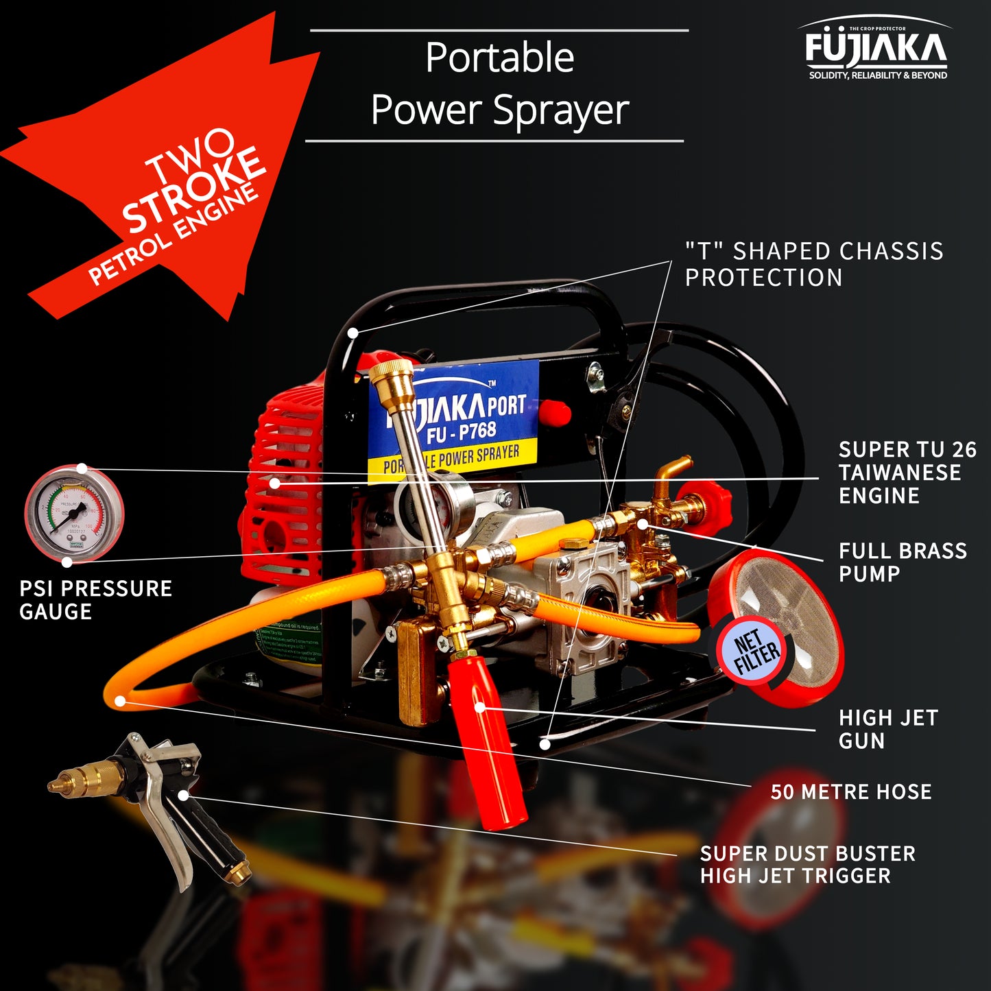 FUJIAKA, PORT FU-P-768, Portable Agricultural High-Pressure Power Sprayer Pump-2 STROKE PETROL ENGINE